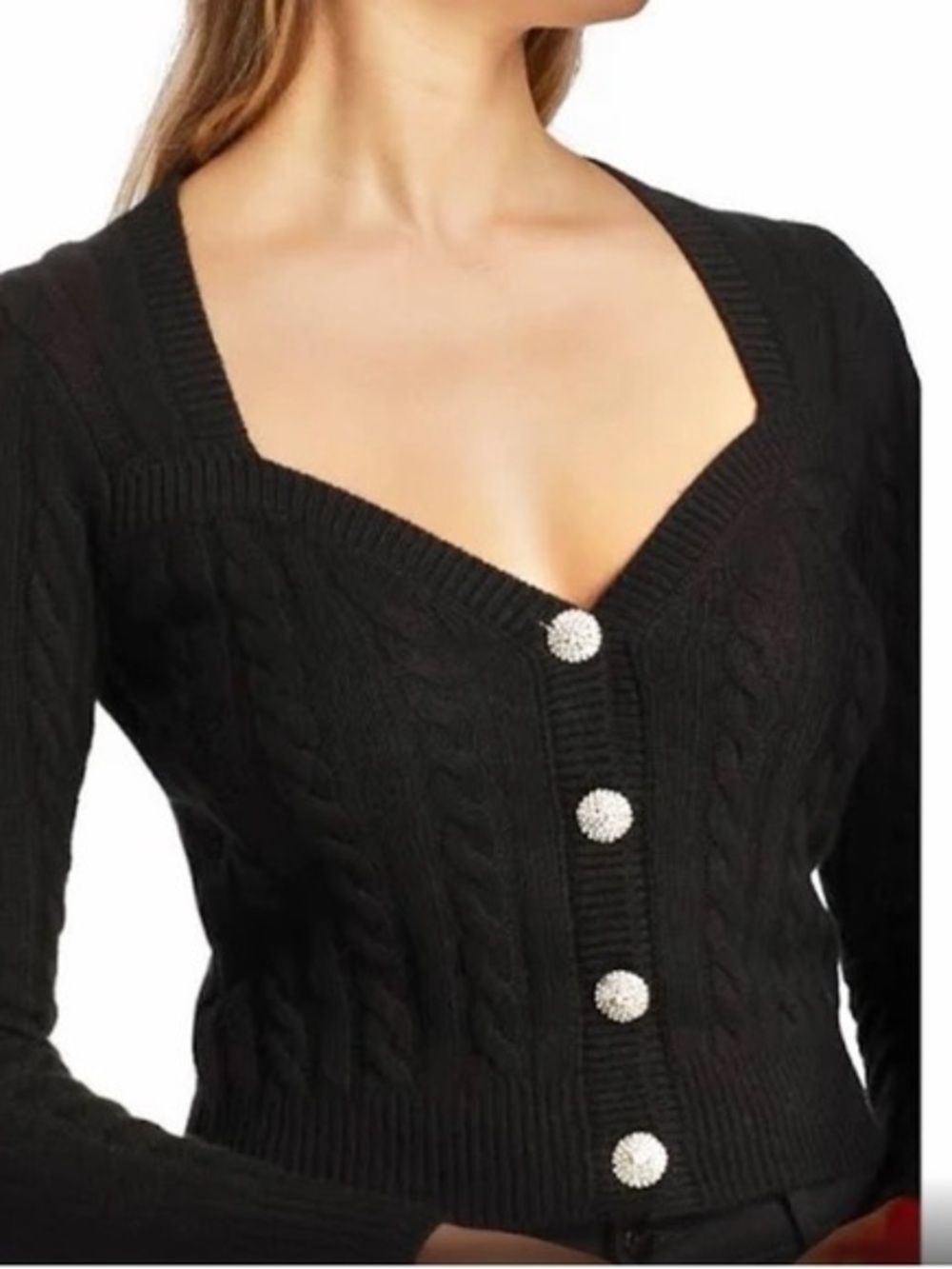 Ronny Kobo sweetheart cropped Black Cable-Knit Cardigan with Decorative Buttons